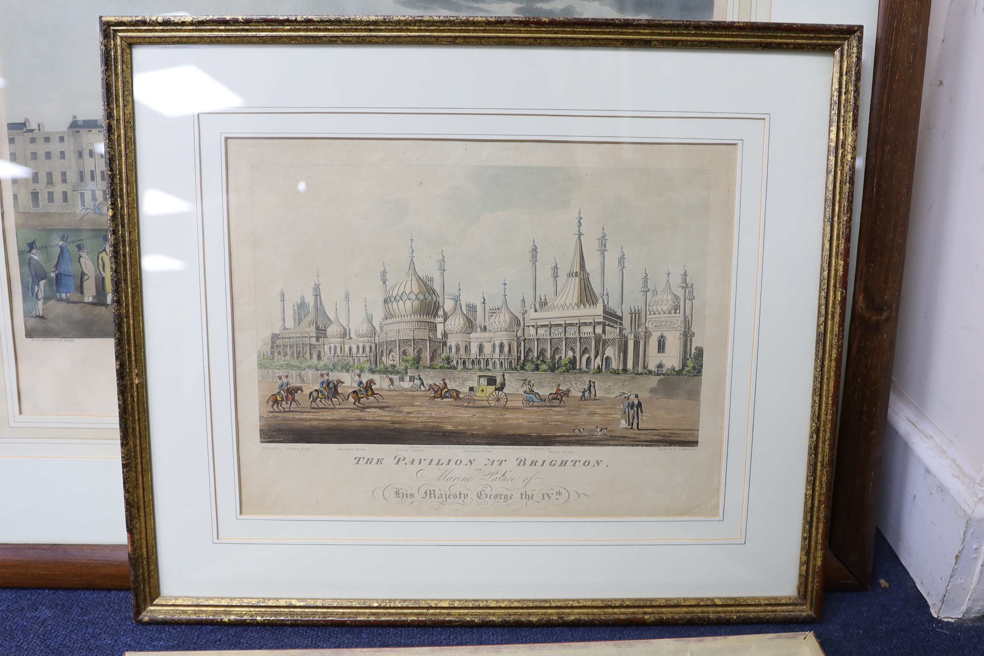 After G M Brighty (fl.1809-1827), colour engraving, The Chain Pier at Brighton with characters, published 1824 by G Atkinson together with two further Brighton interest prints, The Pavilion at Brighton, published by J. C